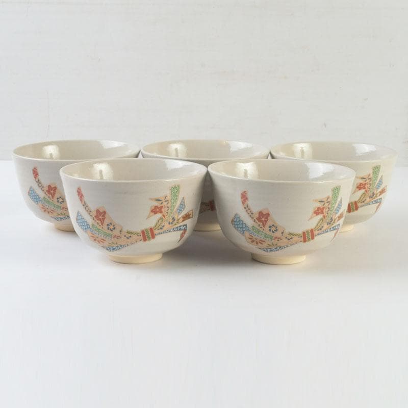 茶道具　京焼　加藤昌山作　色絵金彩　束熨斗文　数茶碗　五客　C　A63