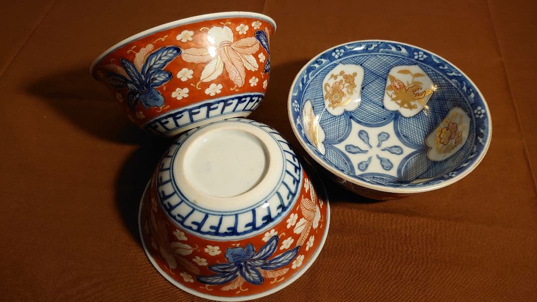 大聖寺伊万里　古伊万里　伊万里　色絵　染付　丸鉢　菓子鉢蔵出し　江戸期　３客