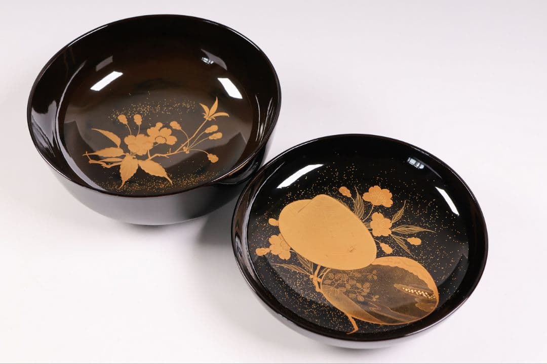 【CM446】加賀蒔絵 天然木漆塗 貝合わせ 蛤桜 金蒔絵 黒煮物椀 一客 昭和