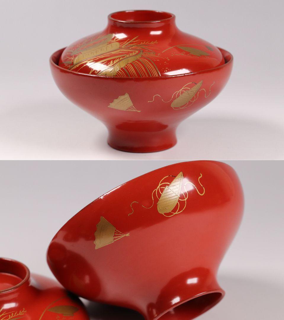 CH50 時代輪島塗 図替わり 朱塗吸物椀十客 木箱付 金蒔絵 漆芸 木製 漆器