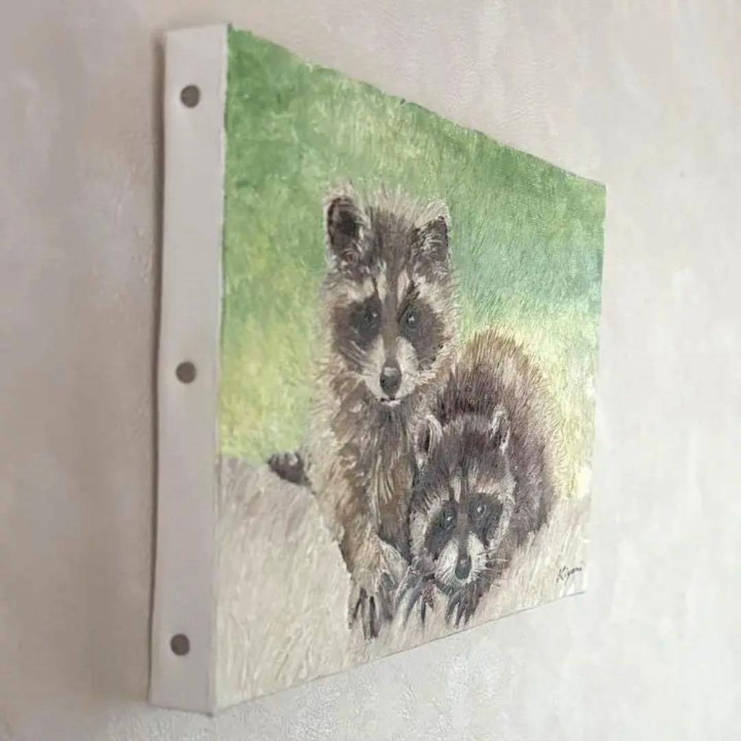 アライグマの親子　油彩画