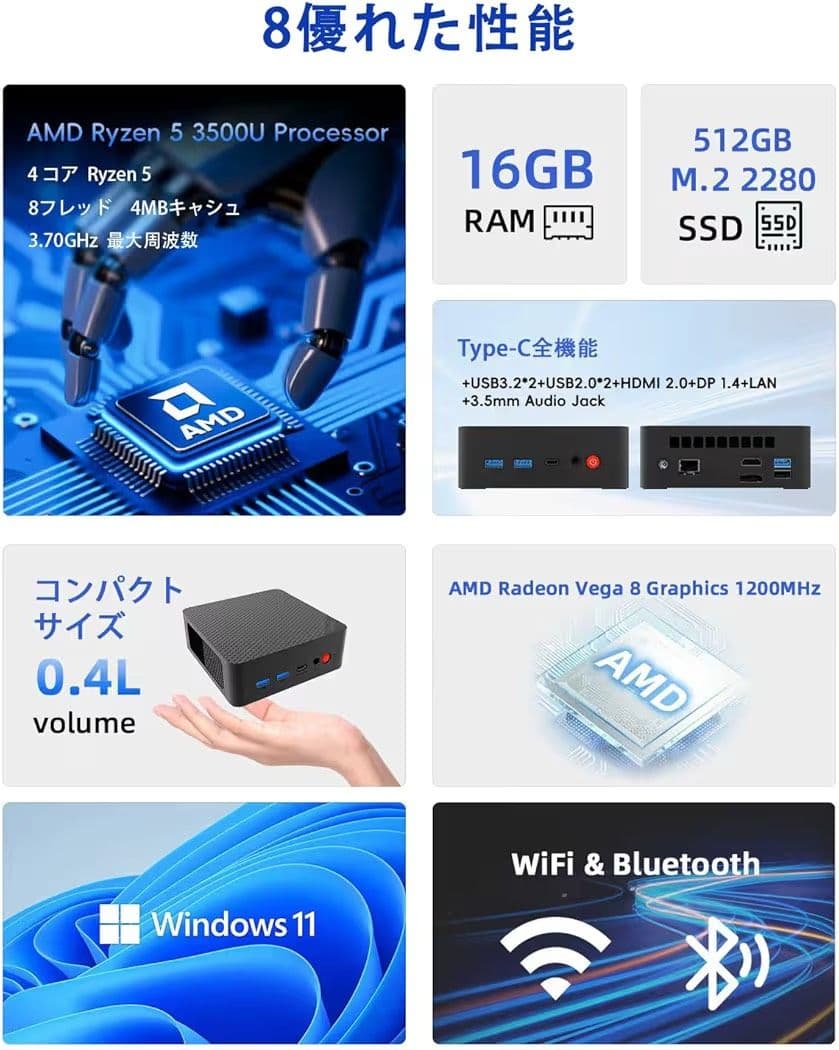Ryzen 5 3500U ミニpc 16gb+512gb 【美品】