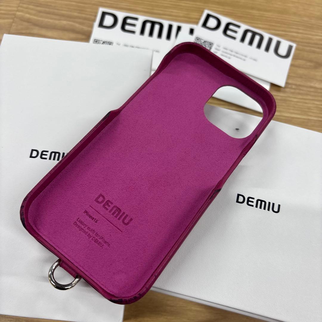 DEMIU レザー iPhone15ボディケース マゼンタピンクショルダー付き