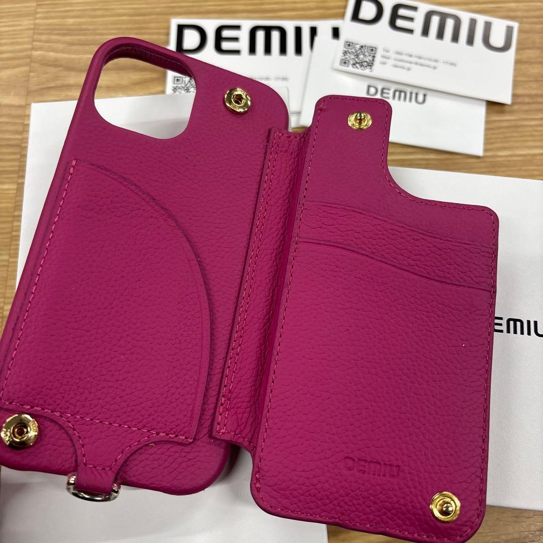 DEMIU レザー iPhone15ボディケース マゼンタピンクショルダー付き