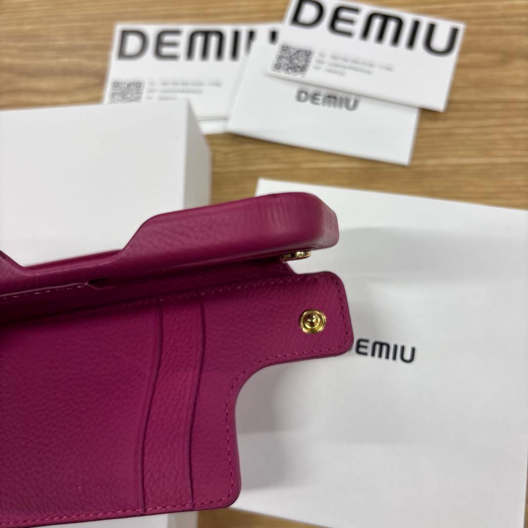 DEMIU レザー iPhone15ボディケース マゼンタピンクショルダー付き