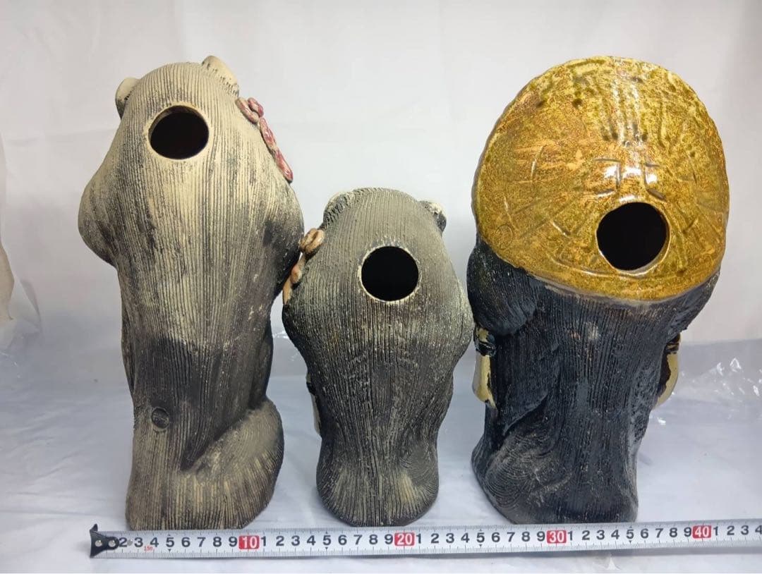 信楽焼 親子 たぬき 狸 3点セット 置物 陶器製 骨董 アンティーク 縁起物