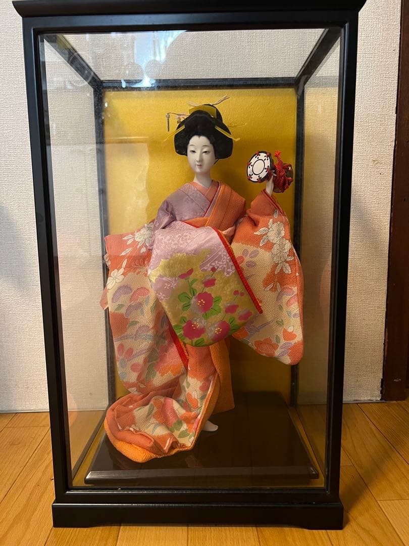 美品 45cm 芸者人形 ガラスケース付き 和風 着物 日本人形 置物